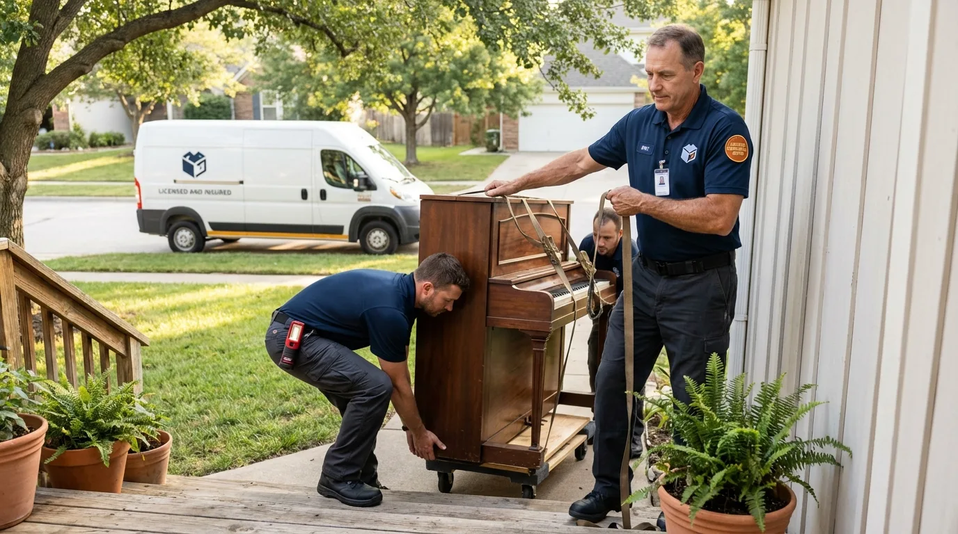 Licensed piano movers securing grand piano in Chauncey, OH