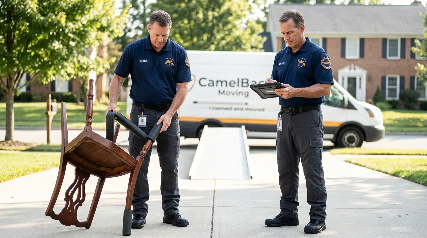 Movers inspecting furniture for damage prevention before loading in Chauncey, OH