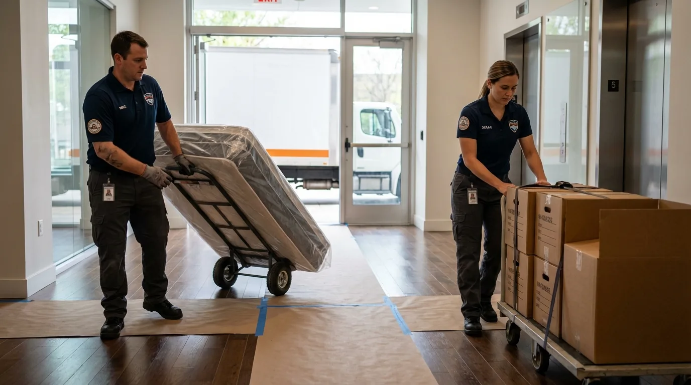 Professional apartment movers loading elevator in Chauncey, OH